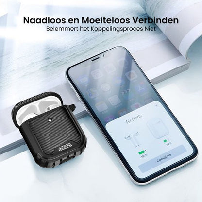 Zwarte beschermhoes voor draadloze oordopjes naast smartphone met verbindingsscherm open