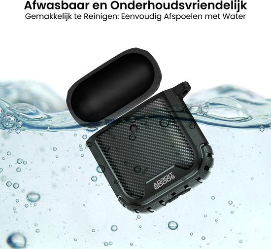Zwart waterdicht hardcase met AdroitGoods logo zinkt in water om reiniging te tonen