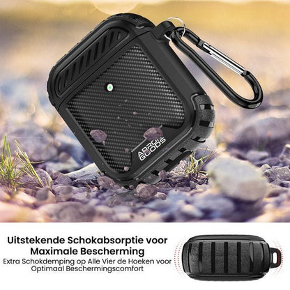 Stevige zwarte beschermhoes met karabijnhaak en schokabsorptie op ruig terrein