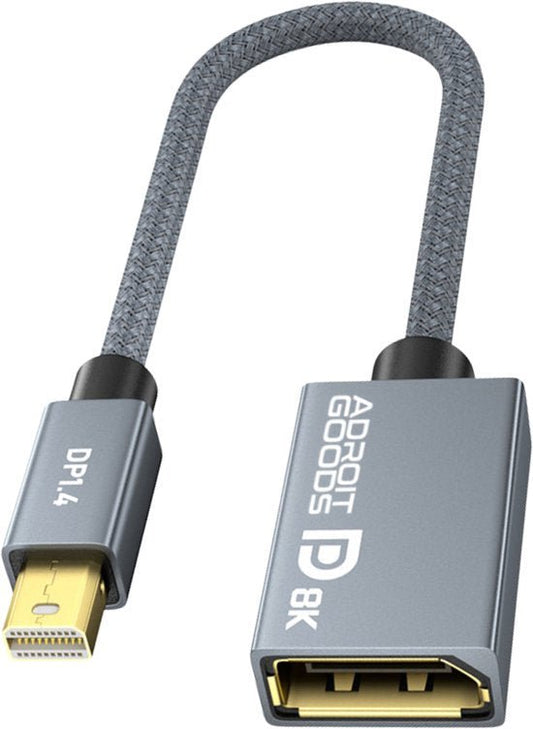 grijze adapterkabel met gevlochten omhulsel en gouden connectoren voor beeldschermverbinding