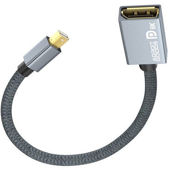 grijs gevlochten kabel met goudkleurige connectoren en een rechte en haakse aansluiting