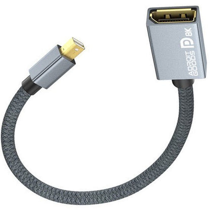 grijs gevlochten kabel met goudkleurige connectoren en een rechte en haakse aansluiting