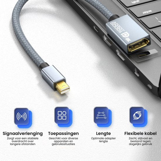 grijs gevlochten kabel met metalen connectoren aangesloten op een laptoppoort