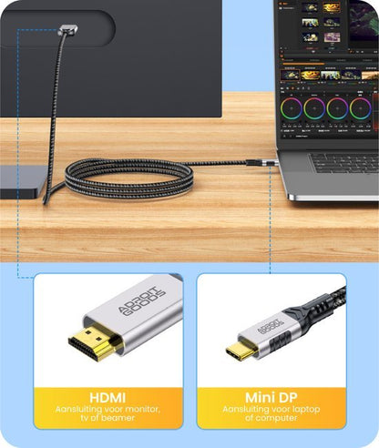 Zwarte gevlochten kabel die een laptop met een monitor verbindt met HDMI en Mini DP connectors.