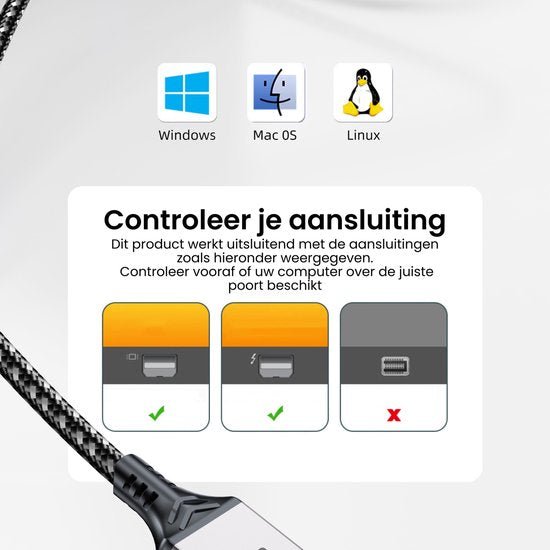 Afbeelding met instructies voor compatibele aansluitingen van Windows, Mac OS en Linux apparaten.
