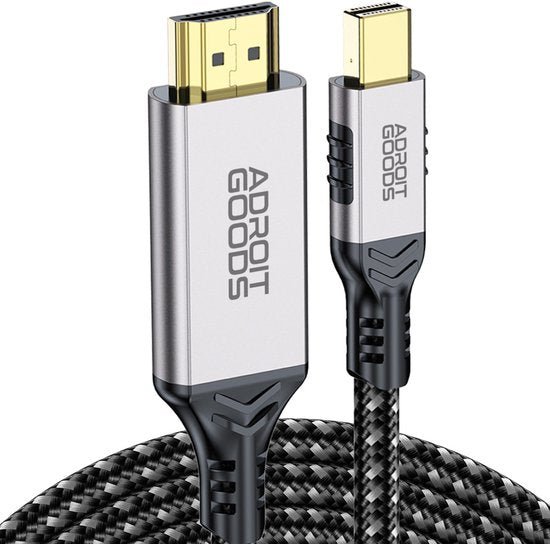 Zilverkleurige HDMI- en USB-kabel met gevlochten buitenkant en AdroitGoods logo zichtbaar