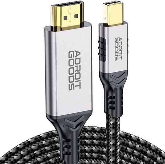 Zilverkleurige HDMI- en USB-kabel met gevlochten buitenkant en AdroitGoods logo zichtbaar