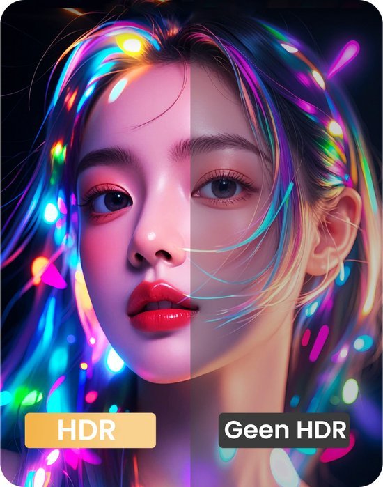 Vrouwelijk gezicht met kleurrijke verlichting, linkerhelft HDR-effect, rechterhelft zonder HDR-effect zichtbaar.