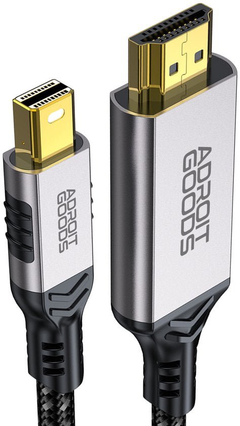 Close-up van twee zilverzwarte AdroitGoods kabelconnectoren met goudkleurige aansluitingen.