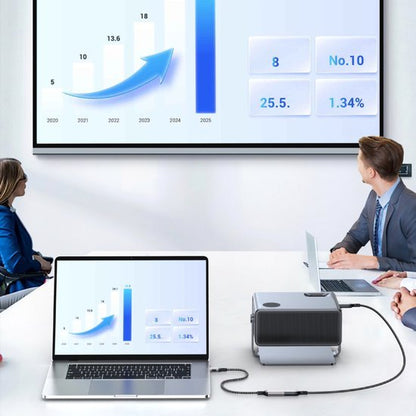 Zakelijke presentatie met grafieken op scherm, laptop en projector in moderne vergaderruimte