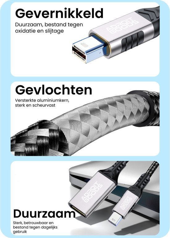 Close-up van een gevlochten kabel met gevernikkelde connectoren en duurzaam design
