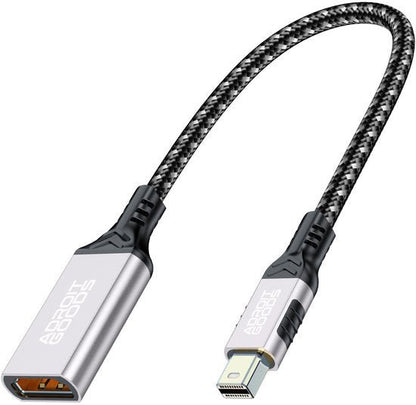Zilverkleurige adapterkabel met gevlochten beschermlaag en Mini DisplayPort connectoren.