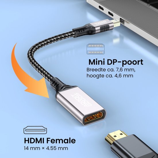 Zwart gevlochten adapterkabel met Mini DP naar HDMI Female aansluiting voor laptopverbindingen.