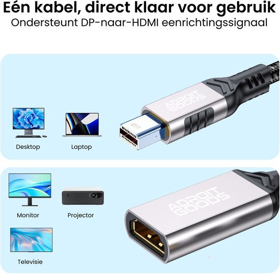 Close-up van een zilveren DP-naar-HDMI-adapter met zwarte kabel en aansluitingen voor beeldschermen.
