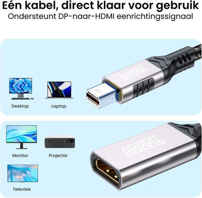 Close-up van een zilveren DP-naar-HDMI-adapter met zwarte kabel en aansluitingen voor beeldschermen.