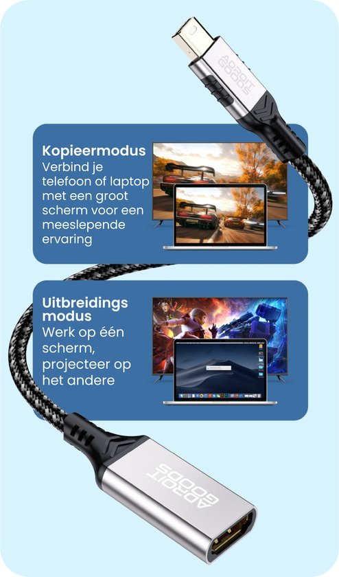 Afbeelding van een adaptor kabel met tekst over koppelmodus en uitbreidingsmodus voor schermgebruik