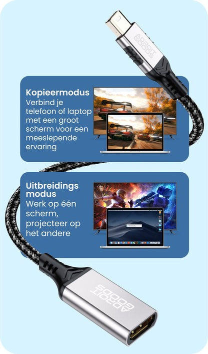 Afbeelding van een adaptor kabel met tekst over koppelmodus en uitbreidingsmodus voor schermgebruik