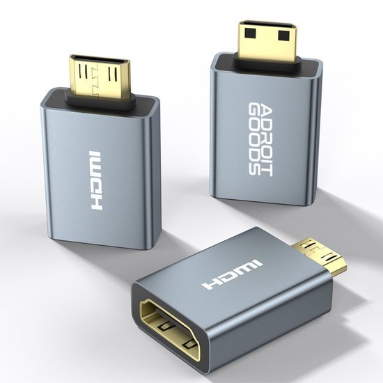 drie compacte metalen adapters met HDMI-connectoren en AdroitGoods-logo zichtbaar