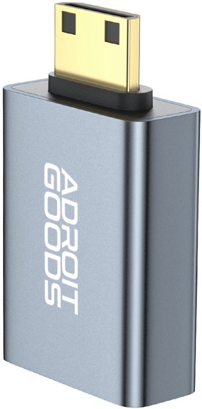 elegante grijze adapter met goudkleurige HDMI-connector en Adroit Goods logo