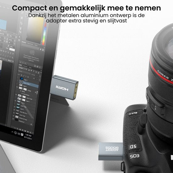 Compact aluminium adapter aangesloten op camera en tablet voor eenvoudige verbinding