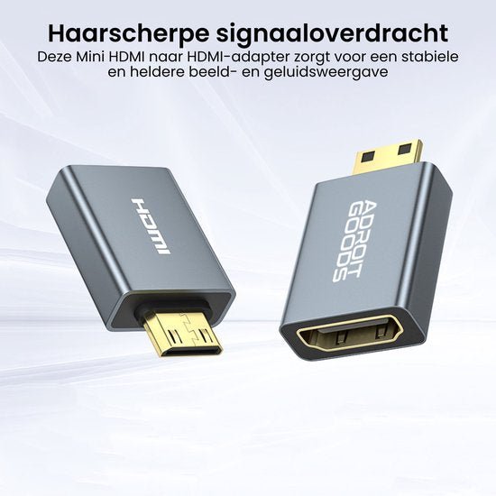 Mini HDMI naar HDMI adapter in zilver met goudkleurige aansluiting voor stabiele signaaloverdracht