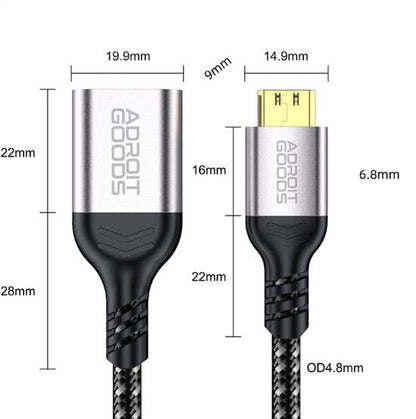Zilverkleurige kabelconnector met zwarte gevlochten kabel en afmetingen van de onderdelen.