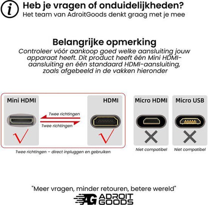 Uitleg over verschillende HDMI-aansluitingen met compatibiliteitssymbolen en waarschuwing.