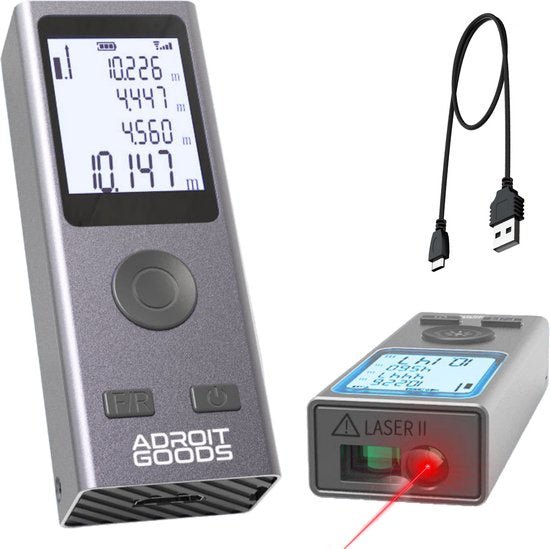 digitale afstandsmeter met display, laser en usb oplaadkabel in zilveren behuizing