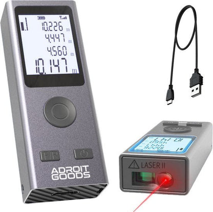digitale afstandsmeter met display, laser en usb oplaadkabel in zilveren behuizing