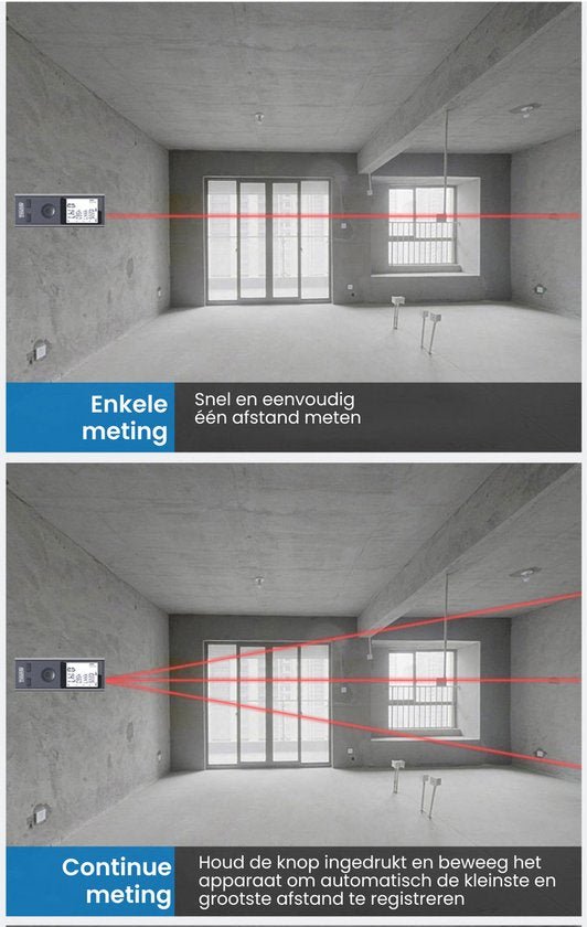 Laserafstandsmeter die afstanden meet in een lege kamer met grote ramen en betonnen muren.