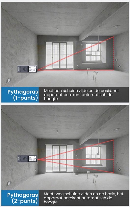 twee afbeeldingen met meetapparaat dat hoogte berekent via Pythagoras in lege kamer
