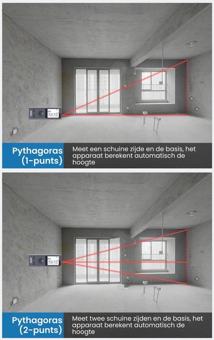 twee afbeeldingen met meetapparaat dat hoogte berekent via Pythagoras in lege kamer