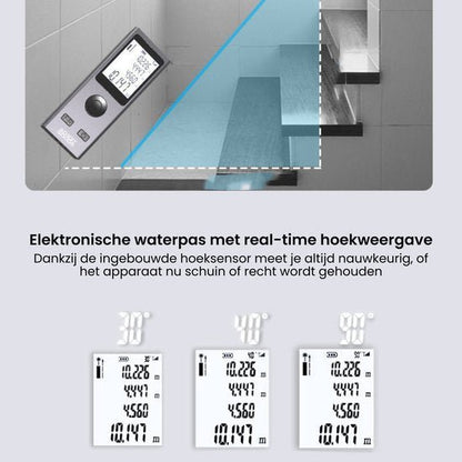 Elektronische waterpas die real-time hoeken toont voor nauwkeurige metingen binnen en buiten.