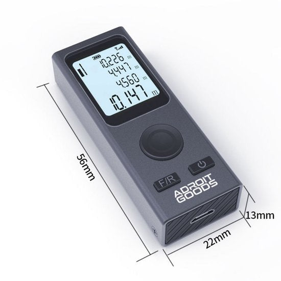 compact grijs afstandsmeetinstrument met digitaal scherm en bedieningsknoppen