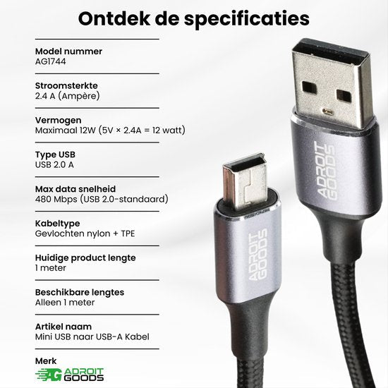 Grijze nylon gevlochten mini USB naar USB-A kabel met specificaties en merklogo zichtbaar