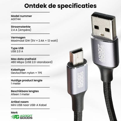 Grijze nylon gevlochten mini USB naar USB-A kabel met specificaties en merklogo zichtbaar