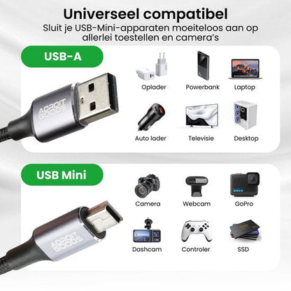 Universele USB-A en USB Mini kabel voor opladen en verbinding met diverse apparaten zoals camera’s en laptops