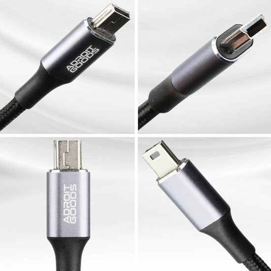 Vier close-up afbeeldingen van een zilverkleurige kabelconnector met AdroitGoods logo