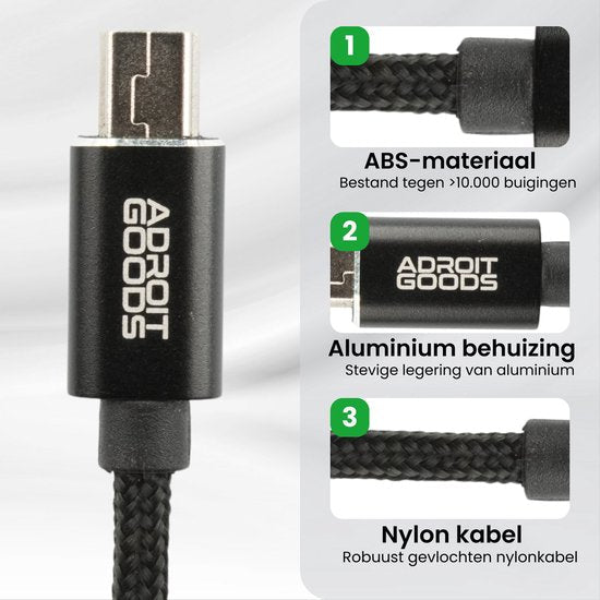 Zwarte USB-kabel met AdroitGoods logo, ABS-materiaal, aluminium behuizing en nylon kabel