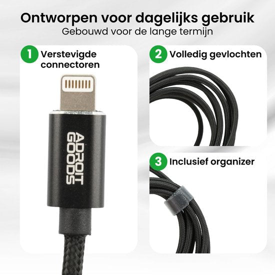 Zwarte gevlochten kabel met versterkte connectoren en kabelorganizer voor dagelijks gebruik