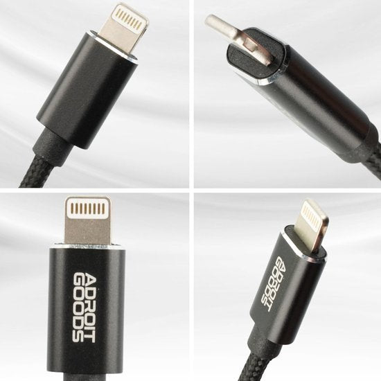 Zwarte AdroitGoods oplaadkabel met gevlochten kabel en twee verschillende connectoren close-upbeelden