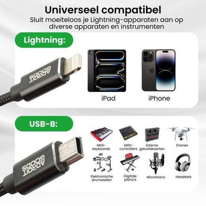 Universele compatibele kabel met Lightning en USB-B aansluitingen voor diverse apparaten zoals iPad, iPhone en muziekinstrumenten.