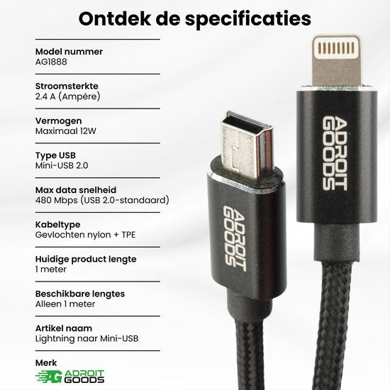 Zwarte AdroitGoods kabel met nylon omhulsel, lightning en mini-USB connectoren, 1 meter lang