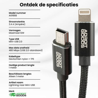 Zwarte AdroitGoods kabel met nylon omhulsel, lightning en mini-USB connectoren, 1 meter lang