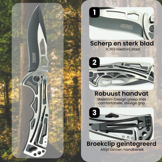 Vouwmes met scherp RVS blad, robuust skeleton handvat en geïntegreerde broekclip
