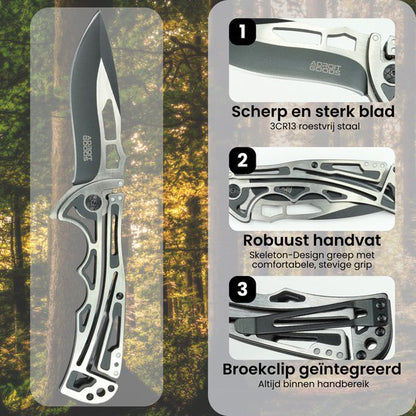 Vouwmes met scherp RVS blad, robuust skeleton handvat en geïntegreerde broekclip