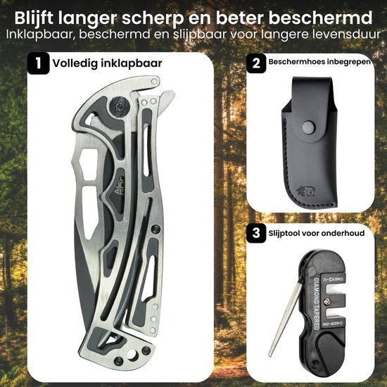 Inklapbaar mes met beschermhoes en slijptool voor onderhoud en langere levensduur