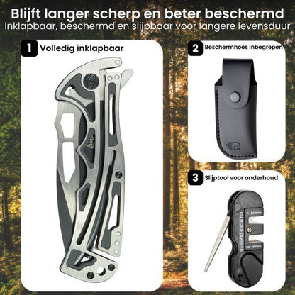Inklapbaar mes met beschermhoes en slijptool voor onderhoud en langere levensduur