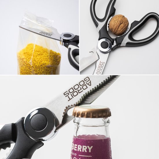 Multifunctionele schaar snijdt verpakking, kraakt walnoot en opent flesdop professioneel