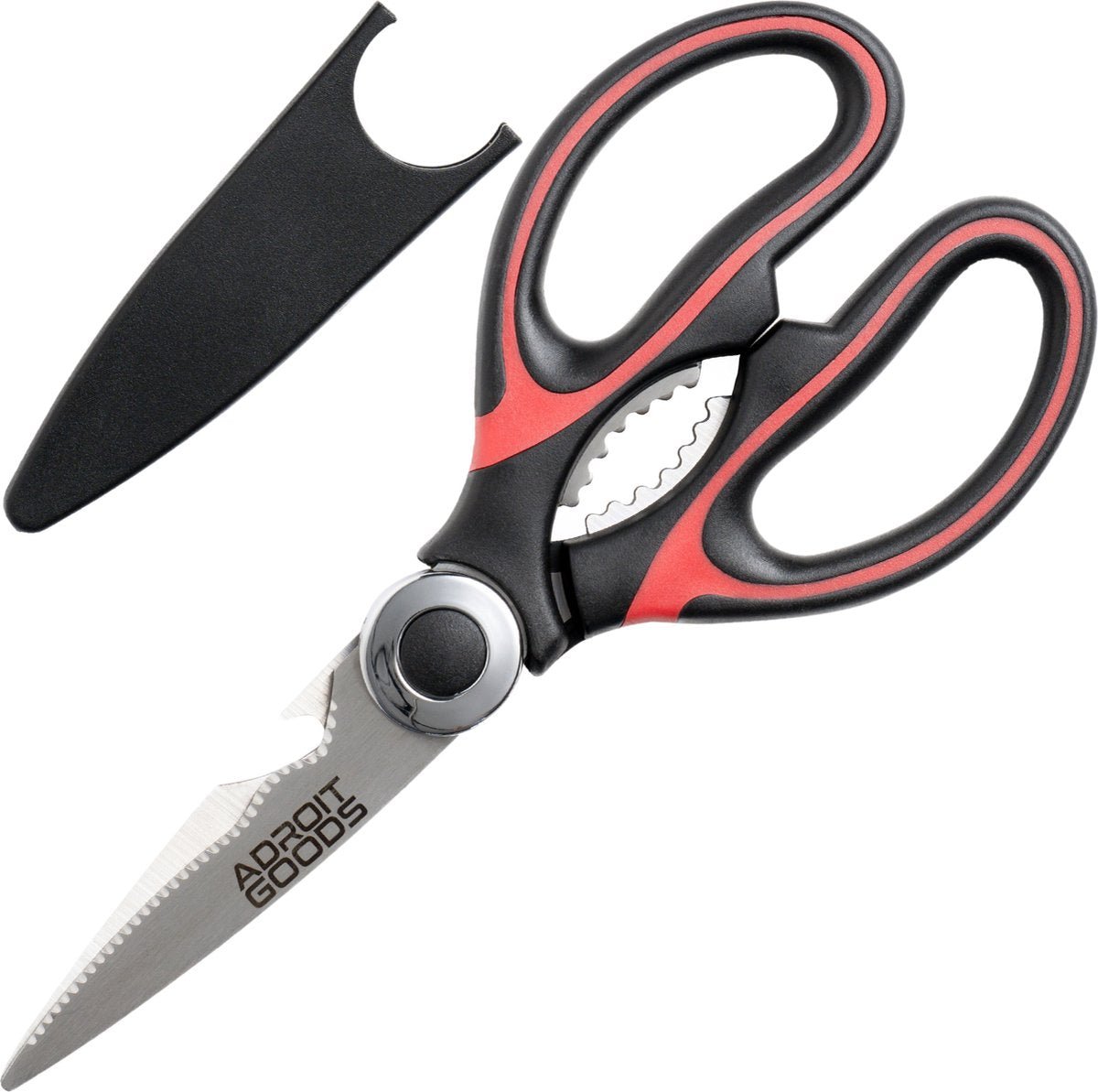 Keukenschaar met zwart-rode handvatten en beschermhoes, scherp roestvrijstalen blad